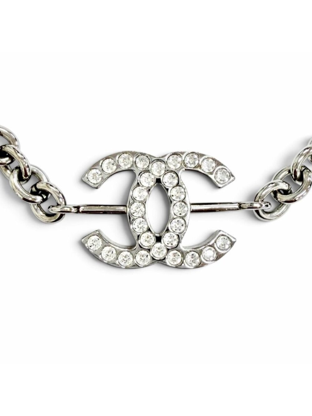 Chanel CC Logo Rhinestone Chain Necklace Silver